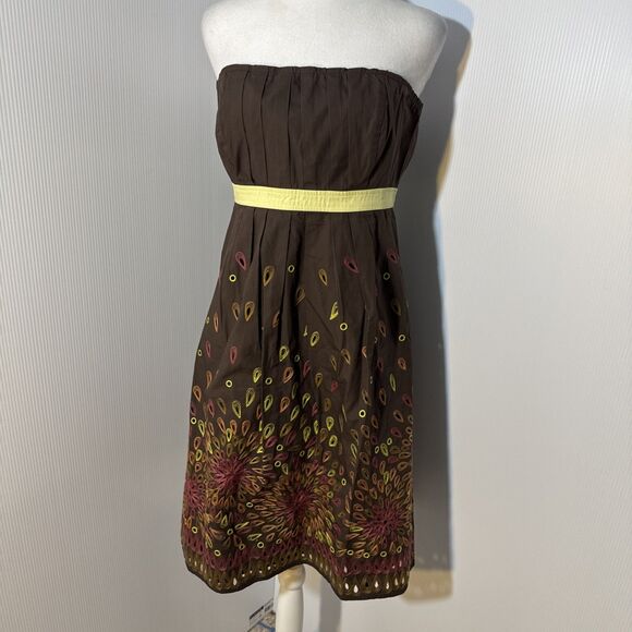 Anthropologie‎ Tabitha Strapless Dress Size 10 Brown Floral Eyelet Boho Midi - Picture 1 of 9